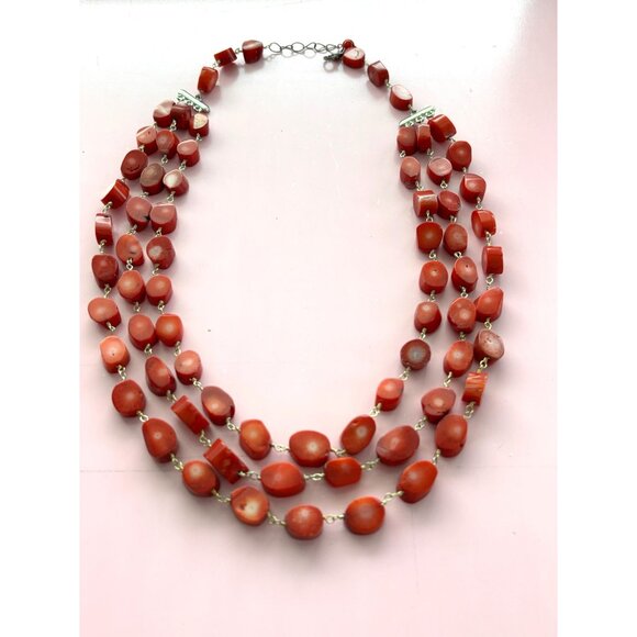 Vintage 3-Strand Red Coral Beaded Necklace With Silver-Tone Clasps 20 Inches Lon - Picture 2 of 5